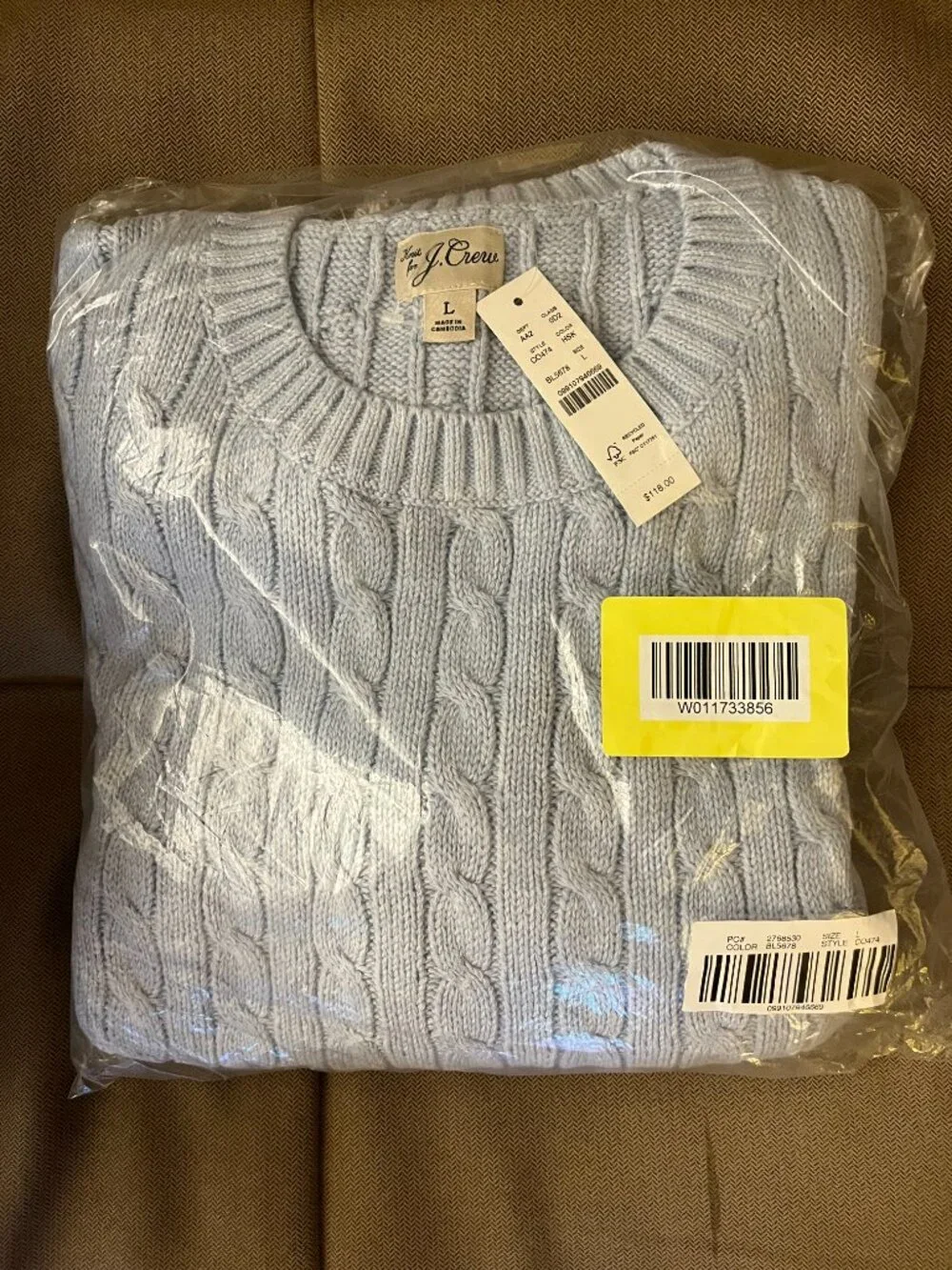 J. Crew Heritage Cotton Cable Knit Sweater in Light Blue Sz. Large NWT